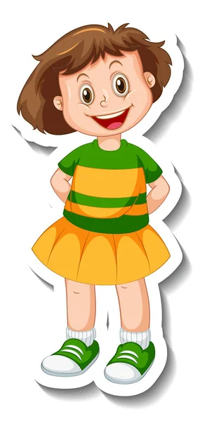 Templat Stiker Dengan Seorang Gadis Dalam Berdiri Berpose Karakter Kartun - Stok Vektor