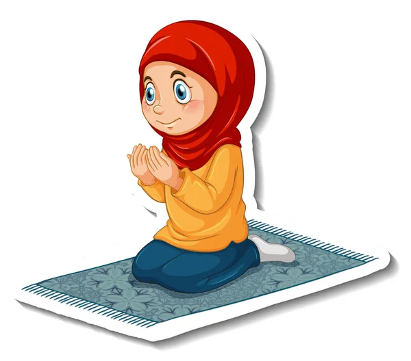 Sticker Template Muslim Girl Praying Position Isolated Illustration — Stock Vector