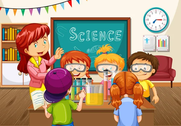 Lärare Förklara Vetenskap Experiment För Eleverna Klassrummet Illustration — Stock vektor