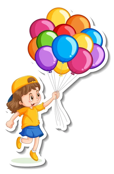 Sticker Template Girl Holding Many Balloons Isolated Illustration — Stock Vector