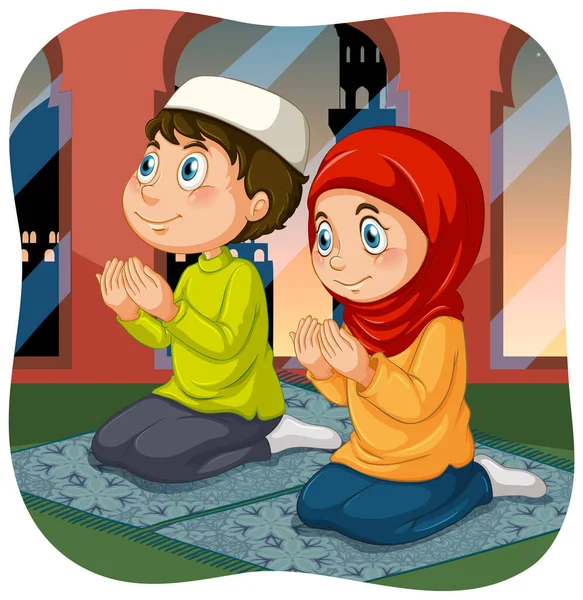 イスラム教徒の妹と弟で祈る位置漫画のキャラクターイラスト — ストックベクタ