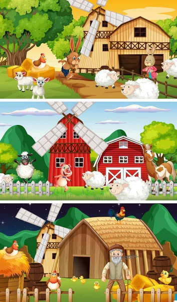 Verschiedene Bauernhofszenen Mit Alten Bauern Und Animal Cartoon Charakter Illustration — Stockvektor
