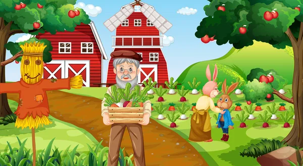 Αγροτική Σκηνή Τον Γέρο Αγρότη Και Ζώα Αγροκτήματος Εικονογράφηση — Διανυσματικό Αρχείο