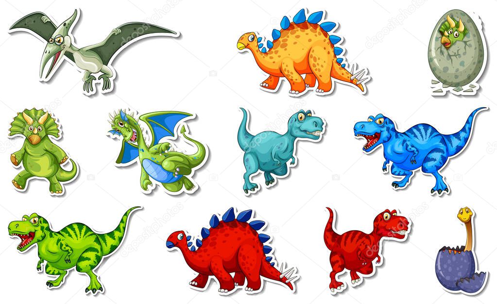Sticker set with different types of dinosaurs cartoon characters illustration