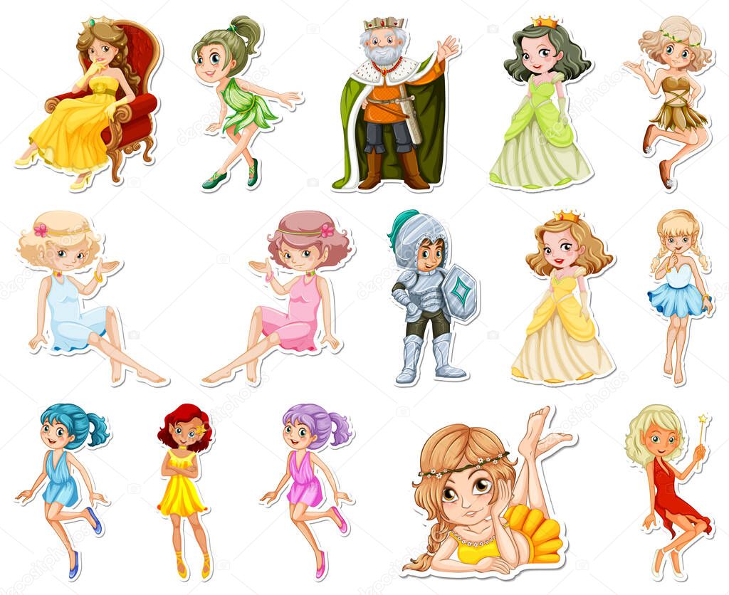 Sticker set with different fairytale cartoon characters illustration