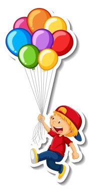 Çıkartma şablonu, elinde izole edilmiş bir sürü balon tutan bir çocuk.