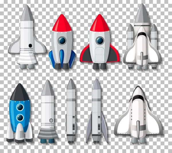 Комплект Различных Ракет Космических Кораблей Прозрачном Фоне — стоковый вектор