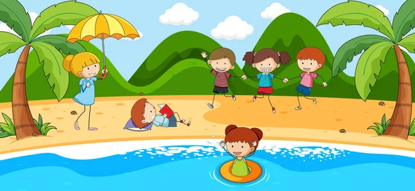 Beach Scen Med Många Barn Klotter Tecknad Karaktär Illustration — Stock vektor