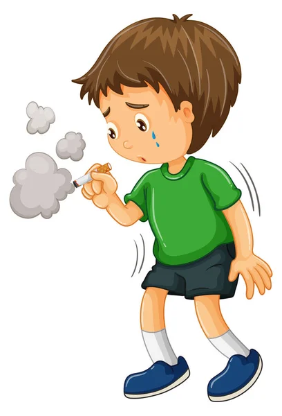 Ein Junge Versucht Eine Zigarette Rauchen Zeichentrickfigur Illustration — Stockvektor