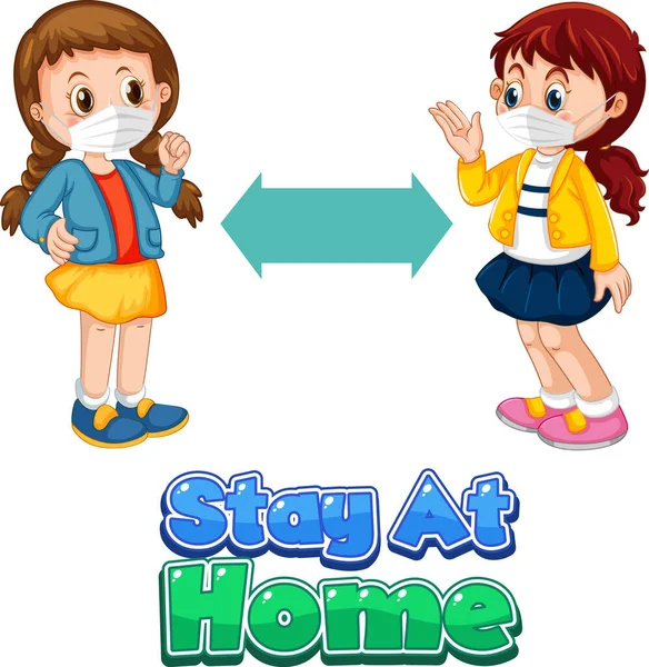 Stay Home Font Cartoon Style Two Kids Keeping Social Distance — Stock Vector