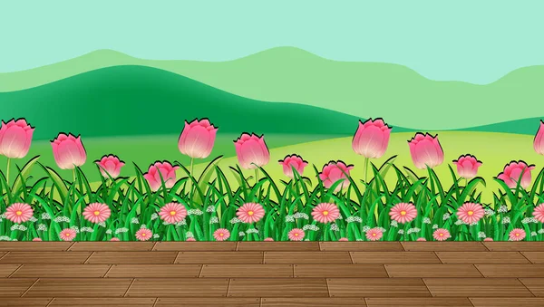 Campo Flores Grama Verde Com Ilustração Pano Fundo Montanha —  Vetores de Stock