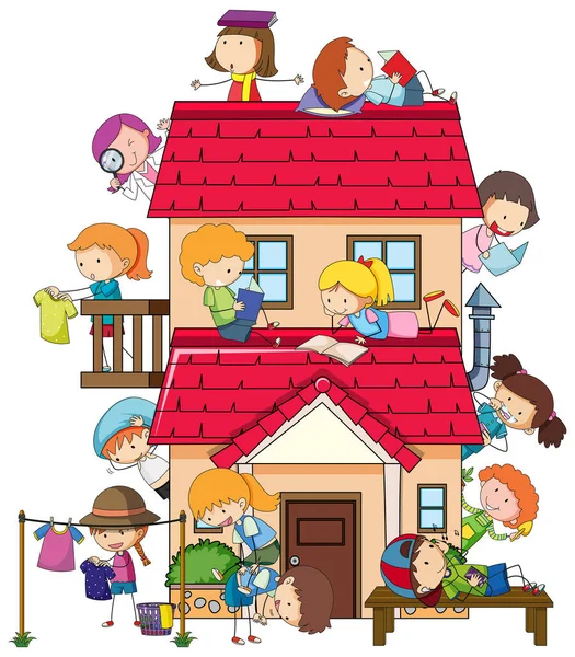 家のイラストの周りでさまざまな活動をする多くの子供たち — ストックベクタ