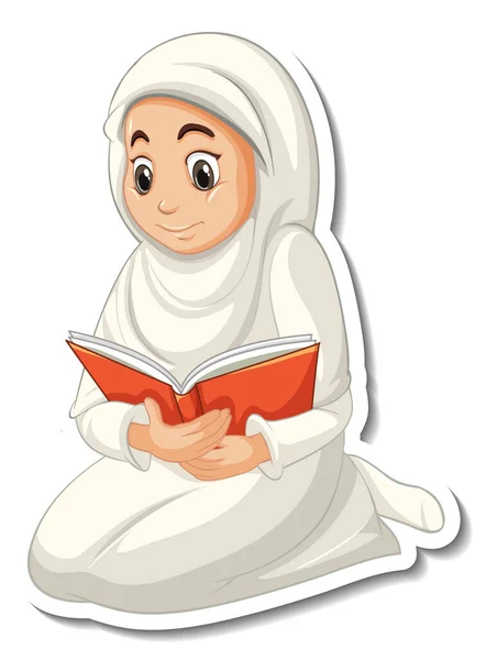 带有穆斯林女孩祈祷卡通人物插图的贴纸模板 — 图库矢量图片