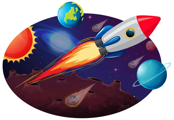 Raketenschiff Mit Vielen Planeten Und Asteroiden Illustration — Stockvektor