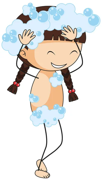 少女は泡の漫画のキャラクターイラストとシャワーを浴びます — ストックベクタ