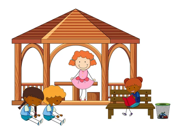 Muchos Niños Haciendo Diferentes Actividades Ilustración Gazebo — Vector de stock