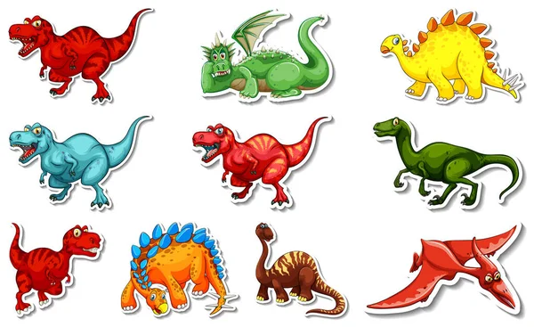 Adesivo Conjunto Com Diferentes Tipos Dinossauros Desenhos Animados Personagens Ilustração — Vetor de Stock