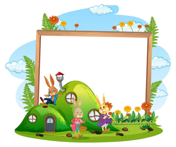 Blank Banner Garden Rabbit Family Isolated Illustration — Stock Vector