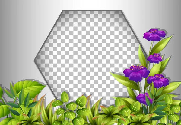 Cadre Hexagonal Transparent Avec Des Fleurs Violettes Des Feuilles Illustration — Image vectorielle