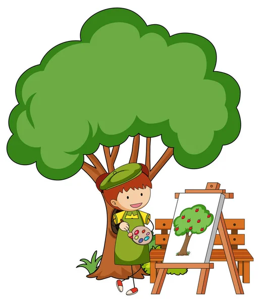 Pequeño Artista Dibujando Cuadro Árbol Aislado Sobre Fondo Blanco Ilustración — Vector de stock