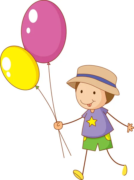 Ein Doodle Kind Hält Luftballons Cartoon Figur Isolierte Illustration — Stockvektor