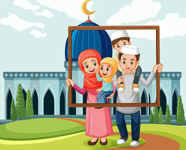 背景イラストにモスクと幸せな家族の写真フレームを保持 — ストックベクタ