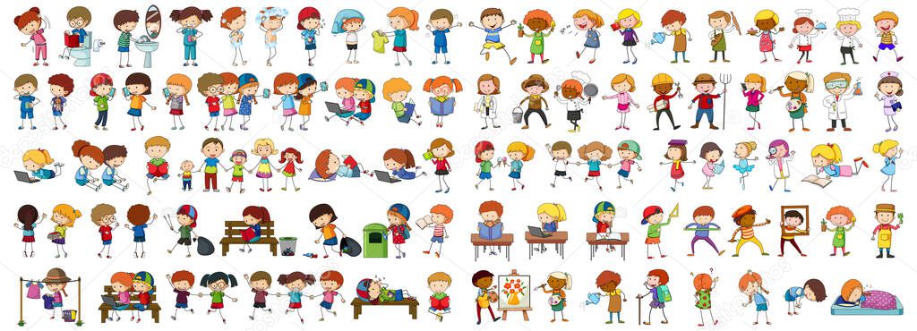 Set of different doodle kids cartoon character illustration