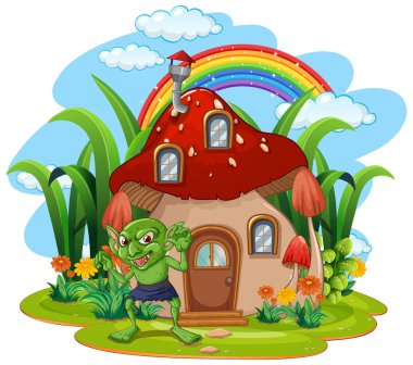 Mantar evi çizimi olan goblin çizgi film karakteri.