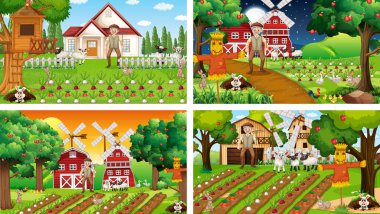 Yaşlı çiftçi ve hayvan çizgi film karakteri resimlerinin olduğu farklı çiftlik sahneleri.