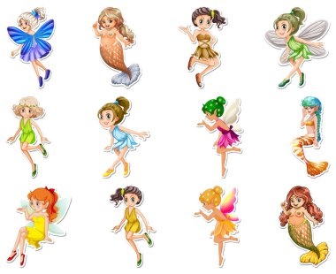 Üzerinde güzel periler ve çizgi film karakteri çizimleri olan çıkartmalar.