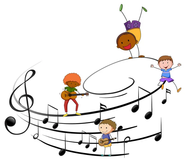 Muzikale Melodie Symbolen Met Veel Doodle Kinderen Cartoon Karakter Illustratie — Stockvector