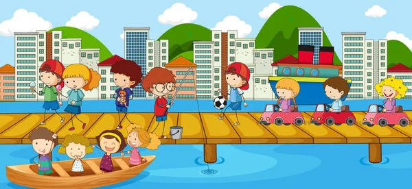 Cena Com Muitas Crianças Dooddle Personagem Cartoon Ponte Cruzando Rio — Vetor de Stock