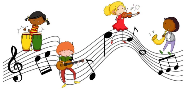 Musicalmelodie Symbole Mit Vielen Kritzelkindern Zeichentrickfigur Illustration — Stockvektor