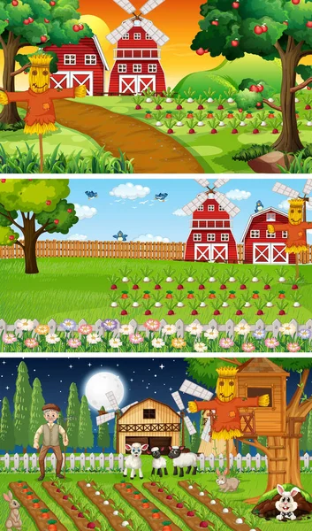 Diferentes Escenas Granja Con Ilustración Personajes Dibujos Animados Antiguos Agricultores — Vector de stock