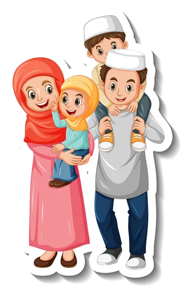 带有穆斯林家庭卡通人物插图的贴纸模板 — 图库矢量图片