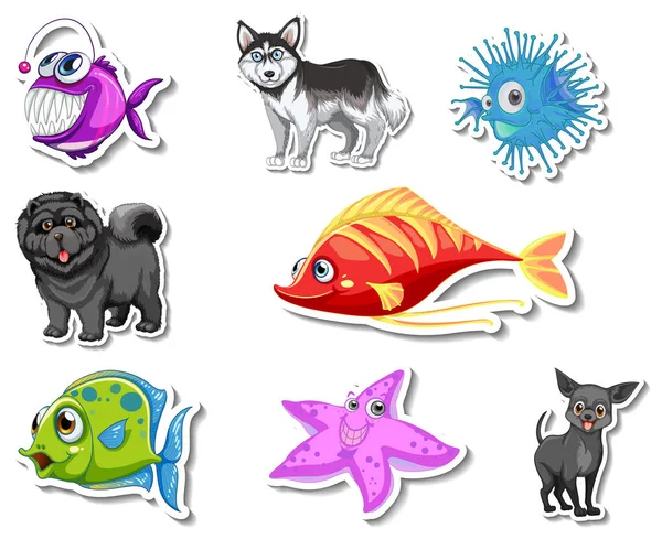 Set Stiker Dengan Hewan Laut Dan Anjing Karakter Kartun Ilustrasi - Stok Vektor