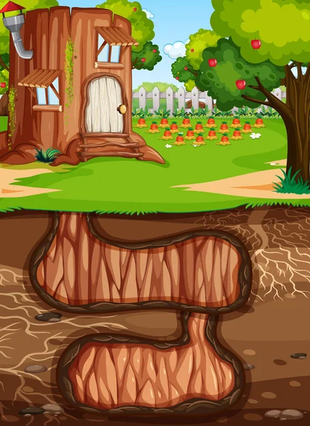 Podzemní Zvířecí Díra Podzemním Povrchem Zahradní Scény Ilustrace — Stockový vektor