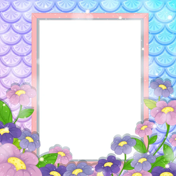 Blank Banner Auf Regenbogen Fischschuppen Hintergrund Mit Vielen Blumen Illustration — Stockvektor