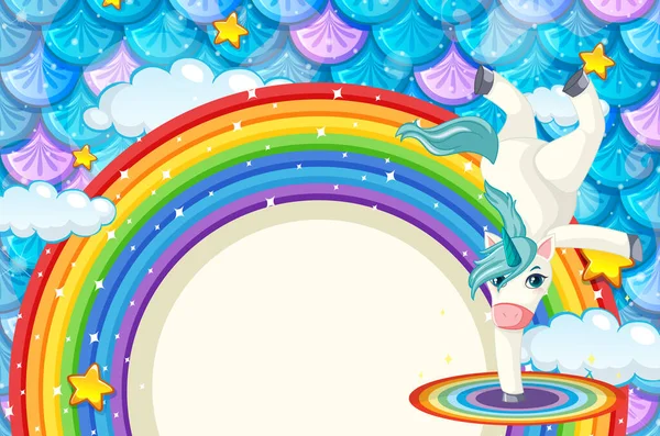 Regenboog Banner Met Schattige Eenhoorn Kleurrijke Vis Schubben Achtergrond Illustratie — Stockvector