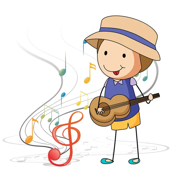 Cartoon Doodle Boy Playing Guitar Melody Symbols Illustration — Stock Vector