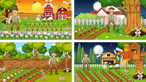 不同农场场景与老农民和动物卡通人物插图 — 图库矢量图片
