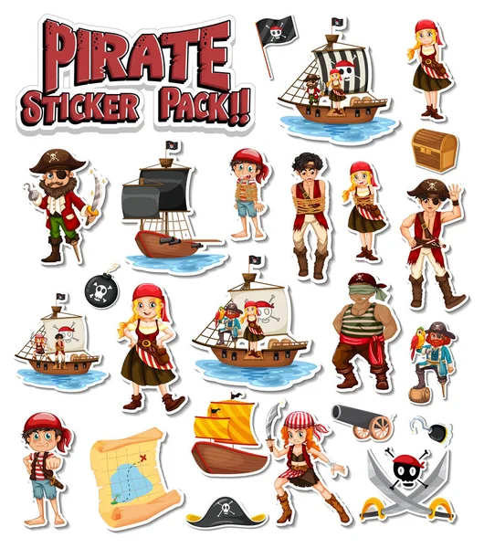 Piraten Aufkleber Packung Set Mit Cartoon Figur Isoliert Illustration — Stockvektor