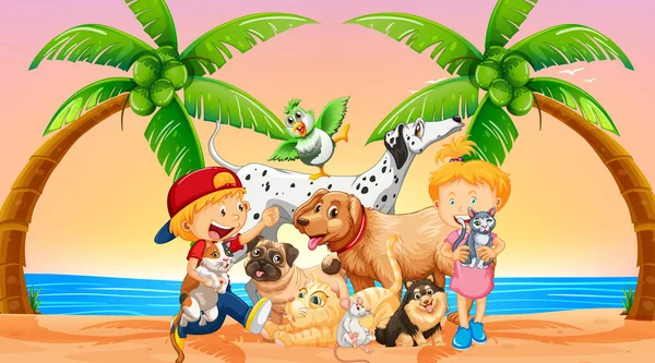 Escena Aire Libre Playa Atardecer Con Ilustración Grupo Mascotas Niños — Vector de stock