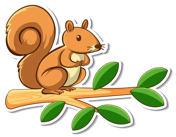 Cute Squirrel Standing Branch Sticker Illustration — Stock Vector