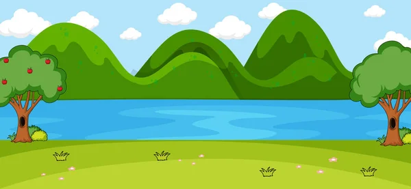 Escena Vacía Del Parque Con Río Montaña Una Ilustración Estilo — Vector de stock