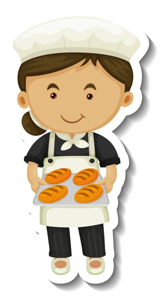 带有烘焙女孩的贴纸模板保存着烘烤盘孤立的插图 — 图库矢量图片