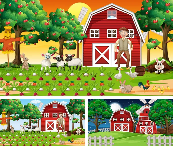 Çiftlik Hayvanlarının Olduğu Farklı Çiftlik Sahneleri Çizgi Film Karakteri Çizimleri — Stok Vektör