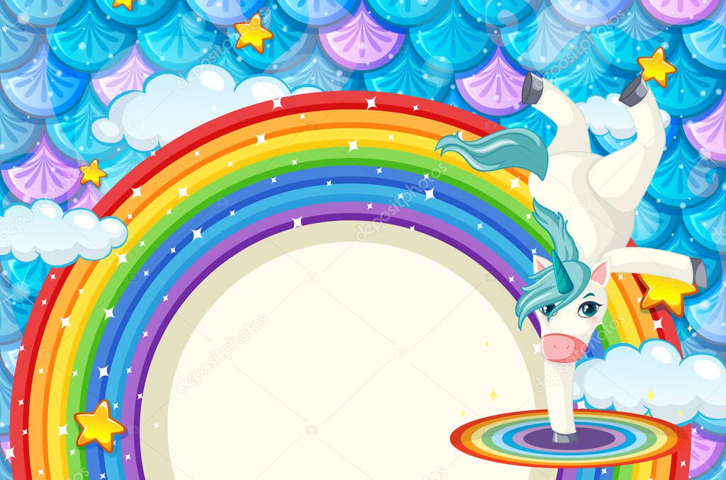 Rainbow banner with cute unicorn on colourful fish scales background illustration