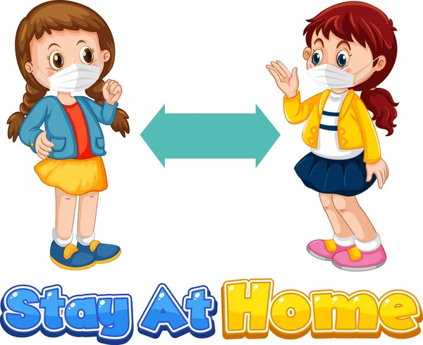 Stay Home Font Cartoon Style Two Children Keeping Social Distance — Stock Vector