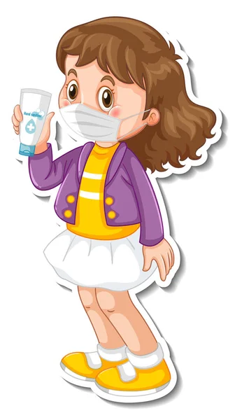 Sticker Template Girl Wearing Medical Mask Cartoon Character Illustration — Stock Vector